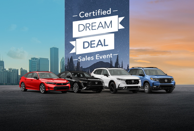 Four Honda vehicles lined up for the Certified Dream Deal sales Event.